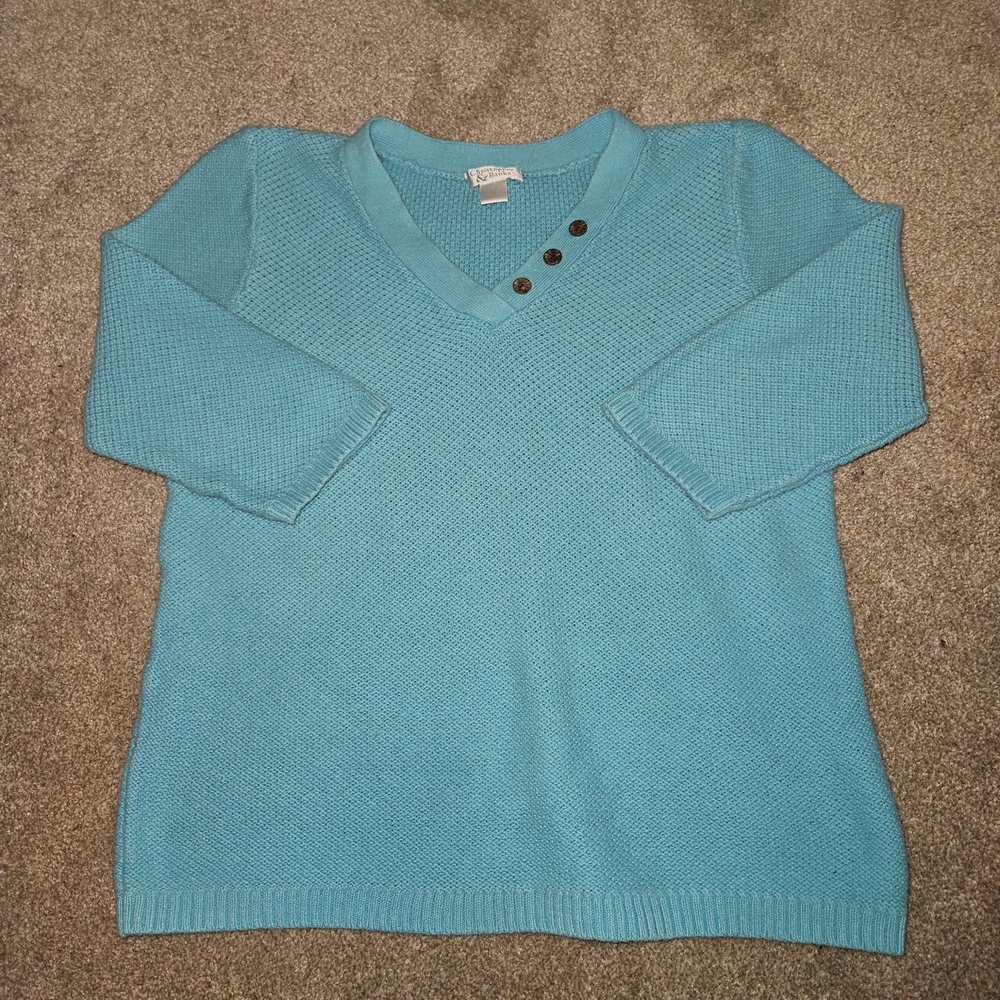 Christopher & Banks Teal V-Neck Sweater with Button Detail